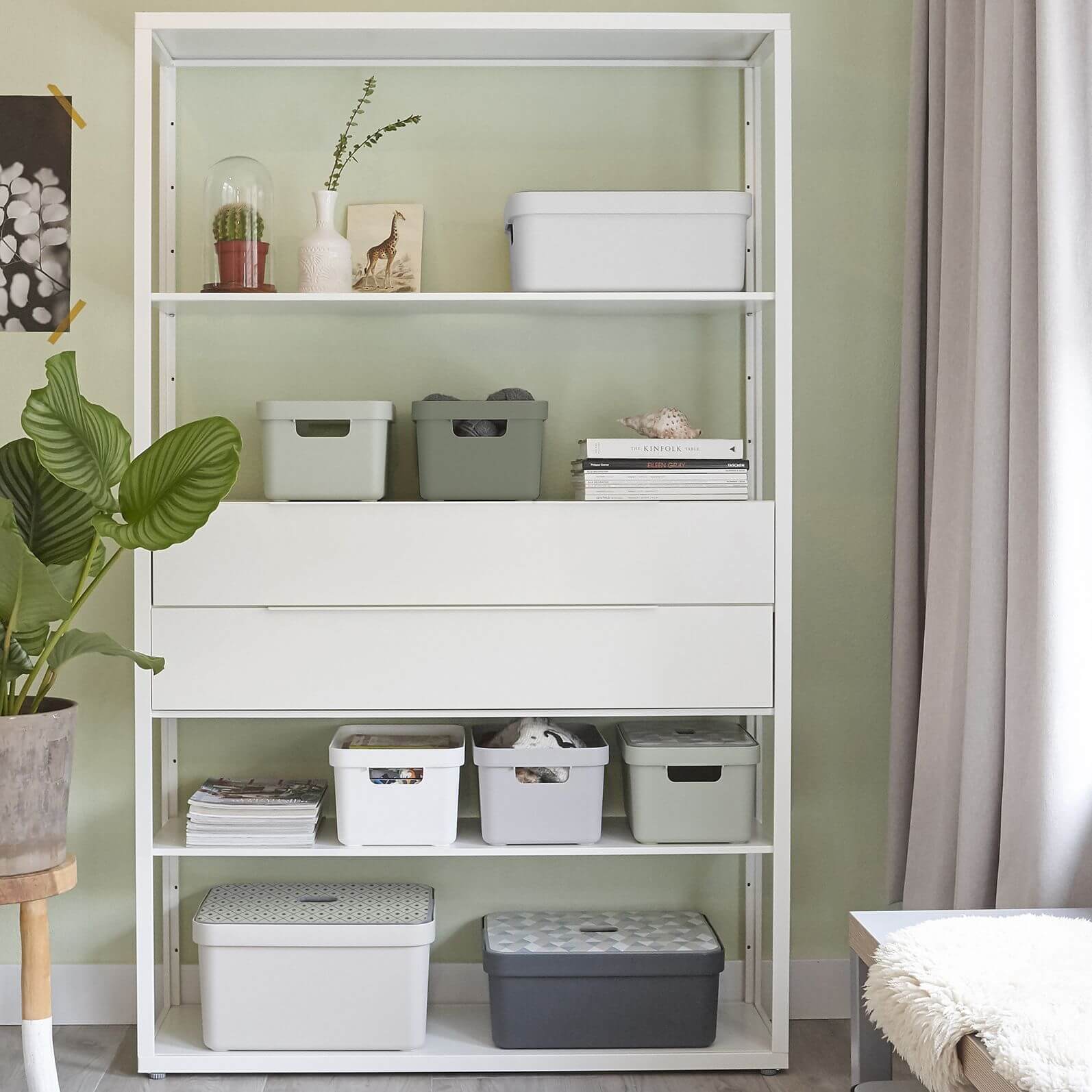 White, green and anthracite plastic storage boxes on a white bookshelf