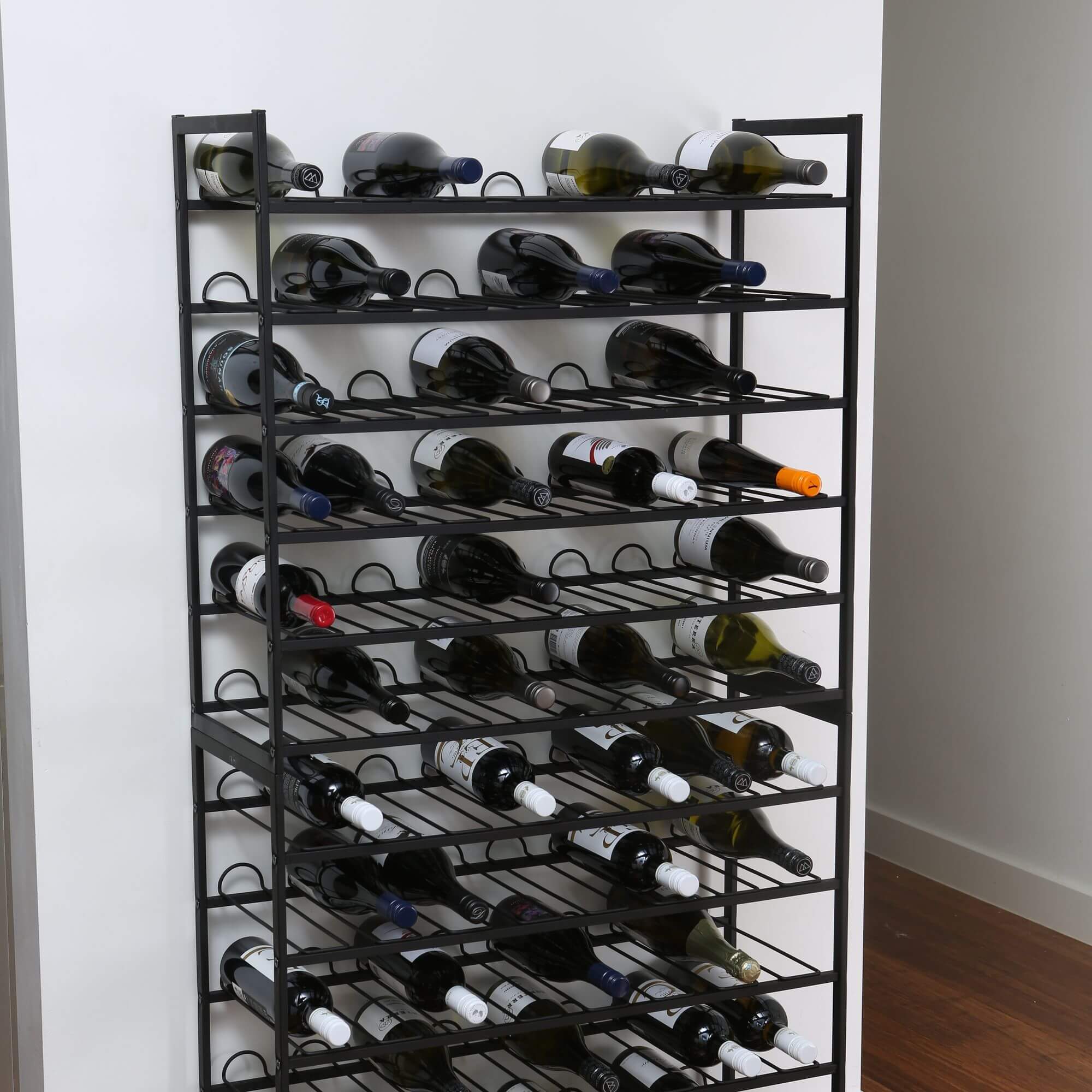 Stackable wine storage racks in matte black
