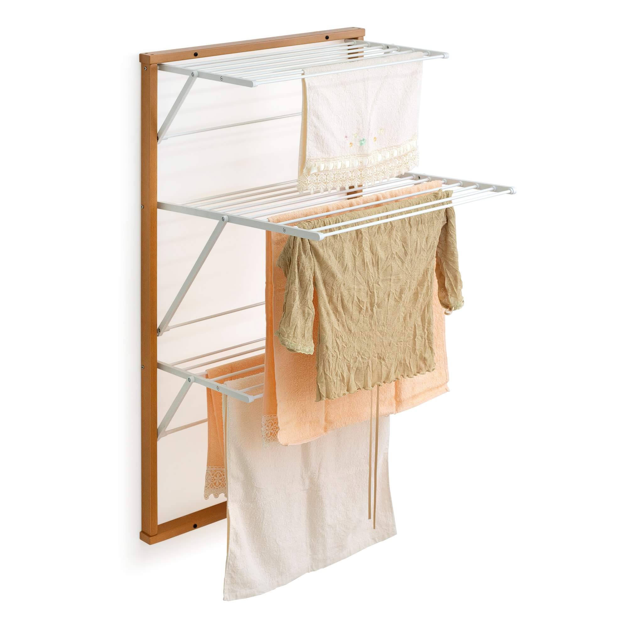 An Italian-made wall-mounted clothes airer with laundry hanging on it.