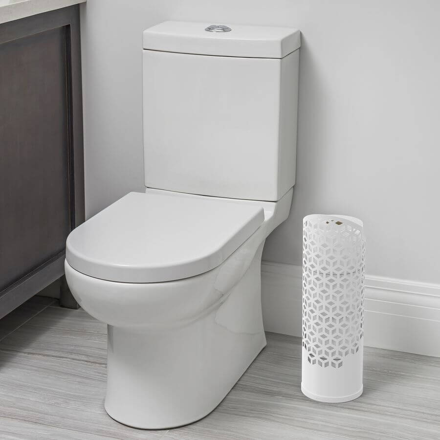 A white toilet roll holder next to a white toilet