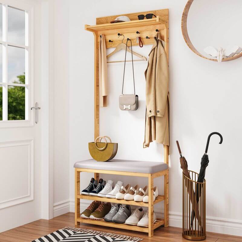 Bamboo Hall Stand with Grey Seat - WARDROBE - Shoe Storage - Soko and Co