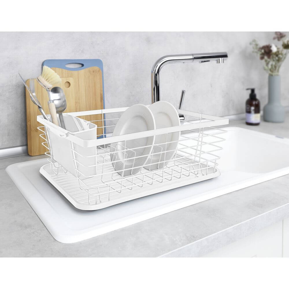 Cira Tall Dish Rack with Draining Board White Soko Co
