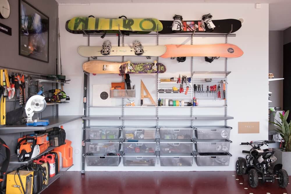 Platinum Elfa Gliding Mesh Drawers and Storing Boards organising garage tools