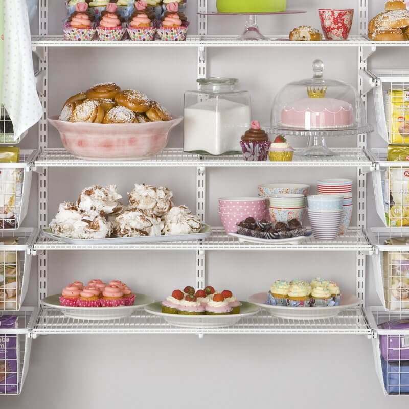 White Elfa Wire Shelves organising plates and serveware in a pantry
