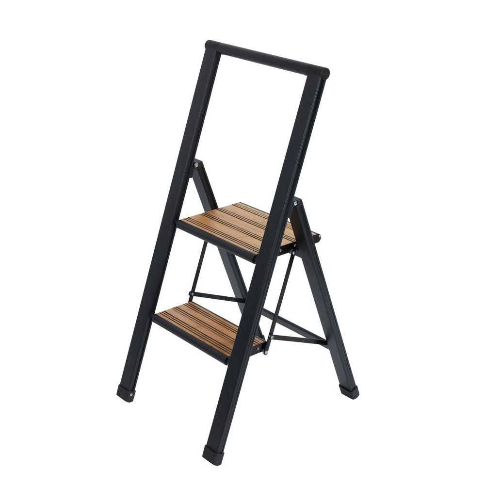 Alu Design 2 Step Aluminium Step Ladder Black & Bamboo - LAUNDRY - Ladders - Soko and Co
