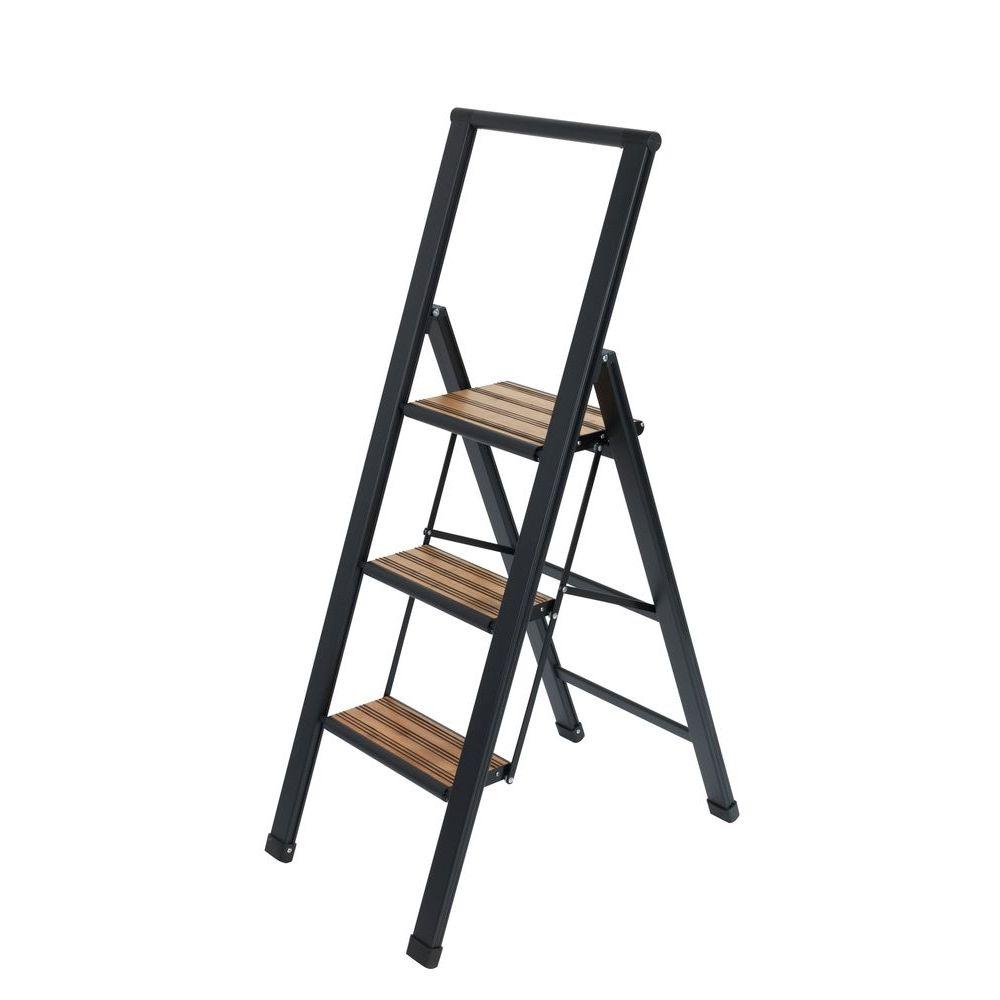 Alu Design 3 Step Aluminium Step Ladder Black &amp; Bamboo - LAUNDRY - Ladders - Soko and Co