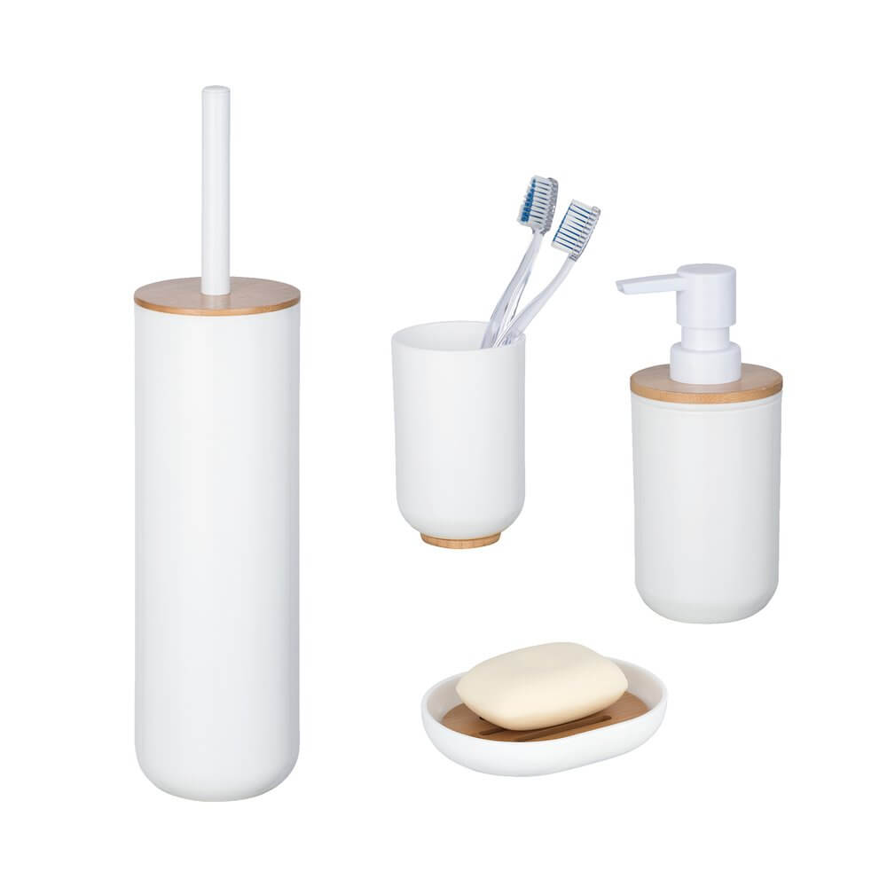 Posa 4 Piece Bathroom Accessories Set White &amp; Bamboo - BATHROOM - Bathroom Accessory Sets - Soko and Co