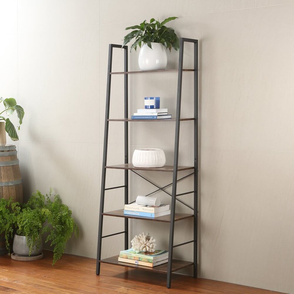 Rustic 5 Tier Shelf Unit Dark Wood & Matte Black - HOME STORAGE - Shelves and Cabinets - Soko and Co