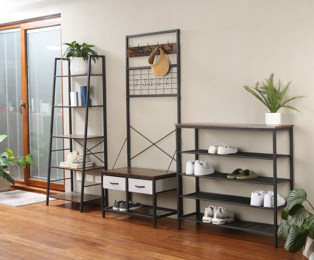 Rustic 5 Tier Shelf Unit Dark Wood &amp; Matte Black - HOME STORAGE - Shelves and Cabinets - Soko and Co