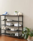 Rustic 5 Tier Wide Shoe Rack Dark Wood & Matte Black - WARDROBE - Shoe Storage - Soko and Co