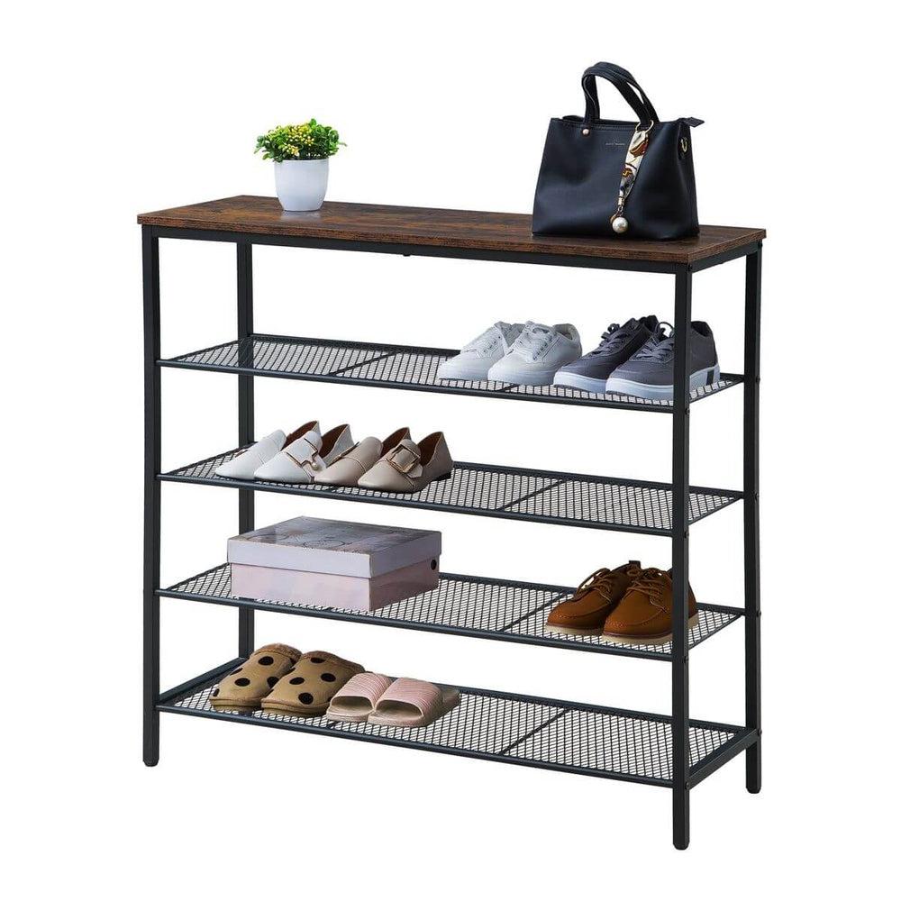 Rustic 5 Tier Wide Shoe Rack Dark Wood & Matte Black - WARDROBE - Shoe Storage - Soko and Co