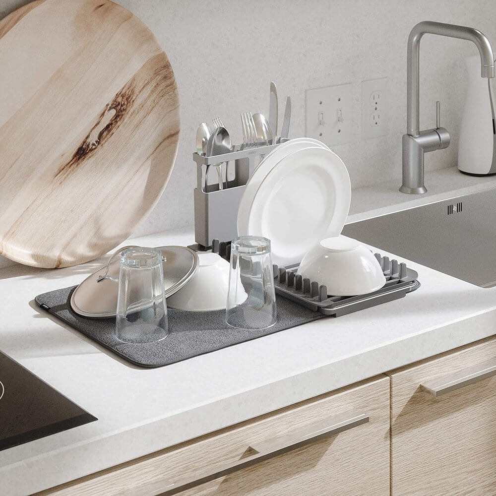 Umbra Udry Over Sink Dish Rack & Microfibre Drying Mat Grey - KITCHEN - Dish Racks and Mats - Soko and Co
