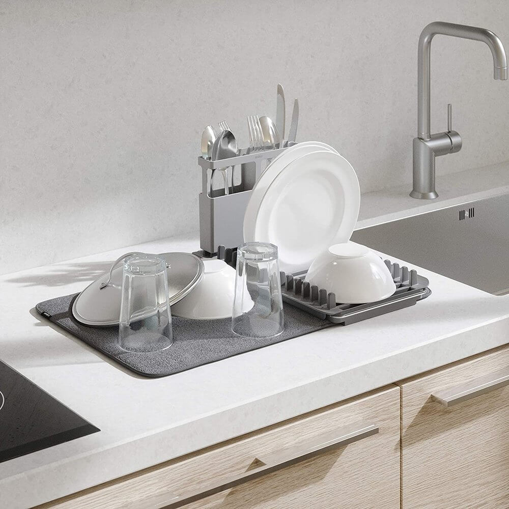 Umbra Udry Over Sink Dish Rack & Microfibre Drying Mat Grey - KITCHEN - Dish Racks and Mats - Soko and Co