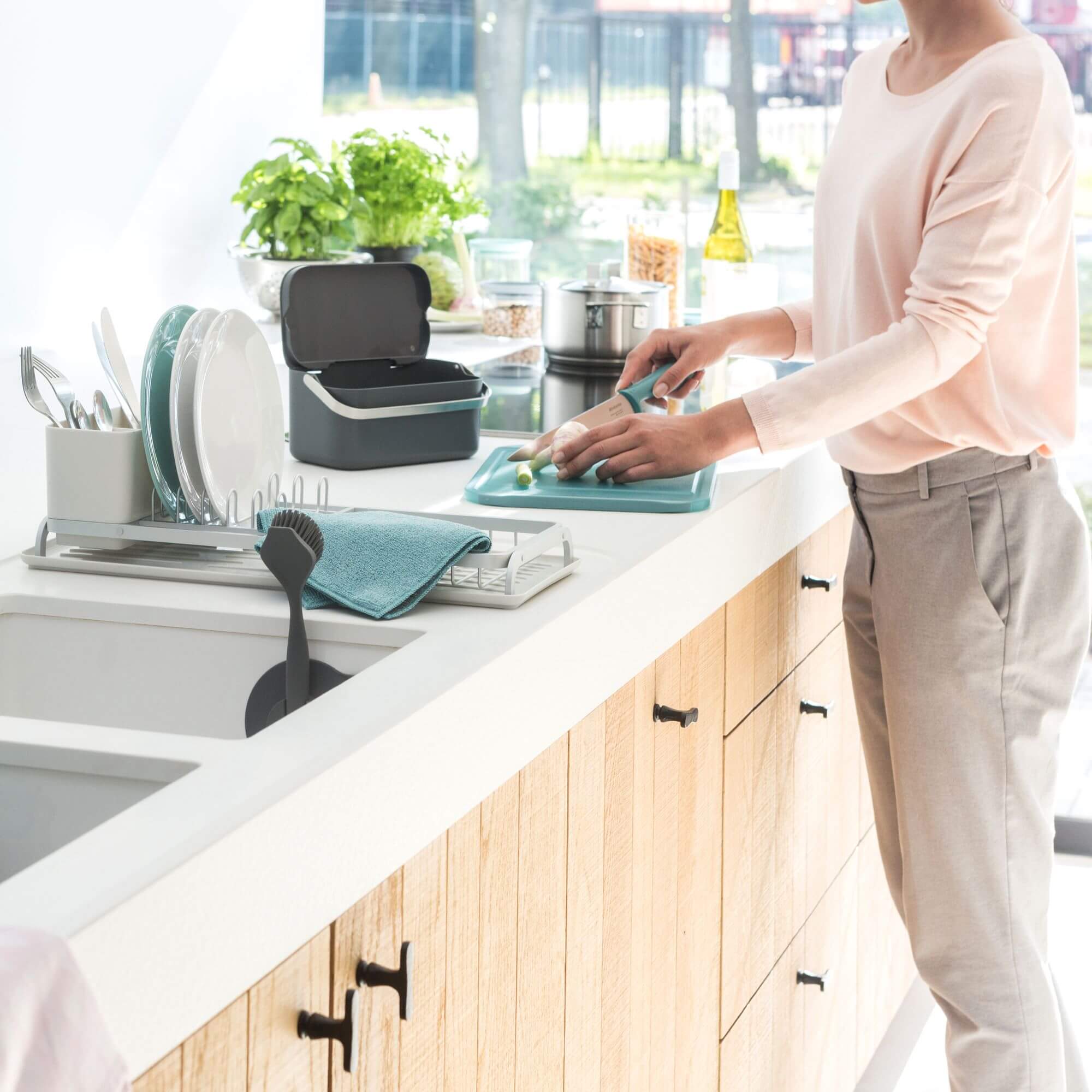 Kitchen sink area with a dish drainer, dish brush and microfibre dish cloth