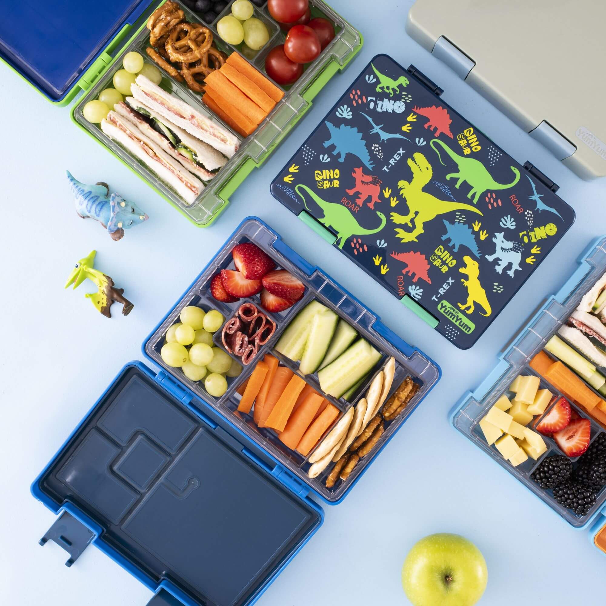 Bento style lunch boxes with leakproof seals and five different patterns