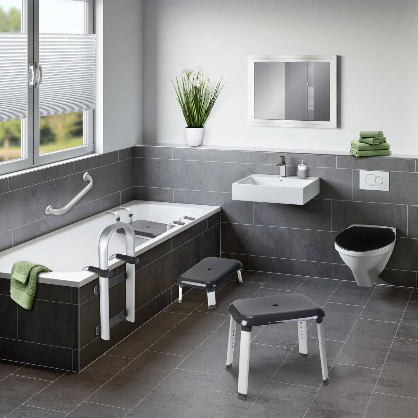 Aluminium and anthracite bathroom safety products