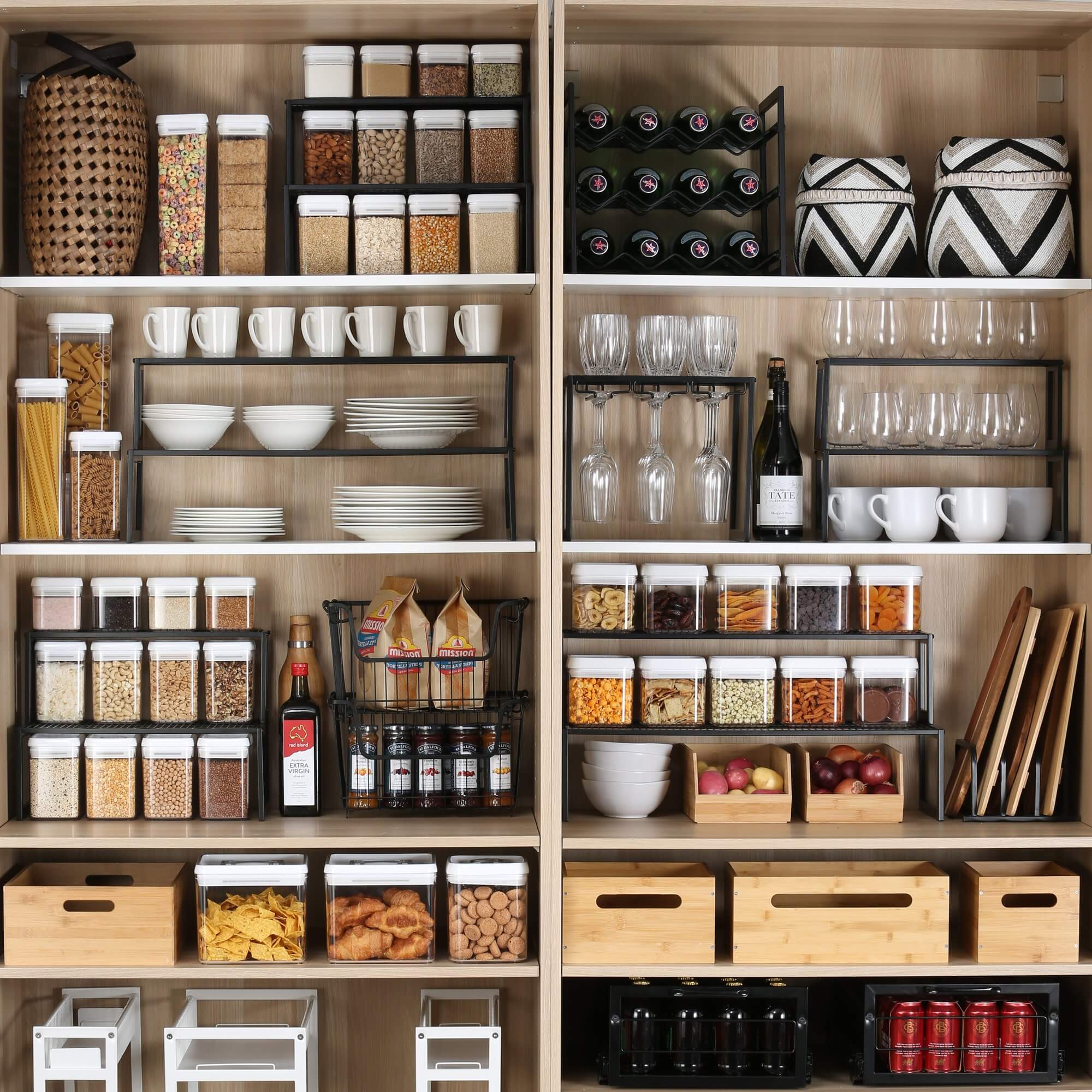 Matte black Williams Ware pantry shelves and Flip Tite food storage containers in a pantry