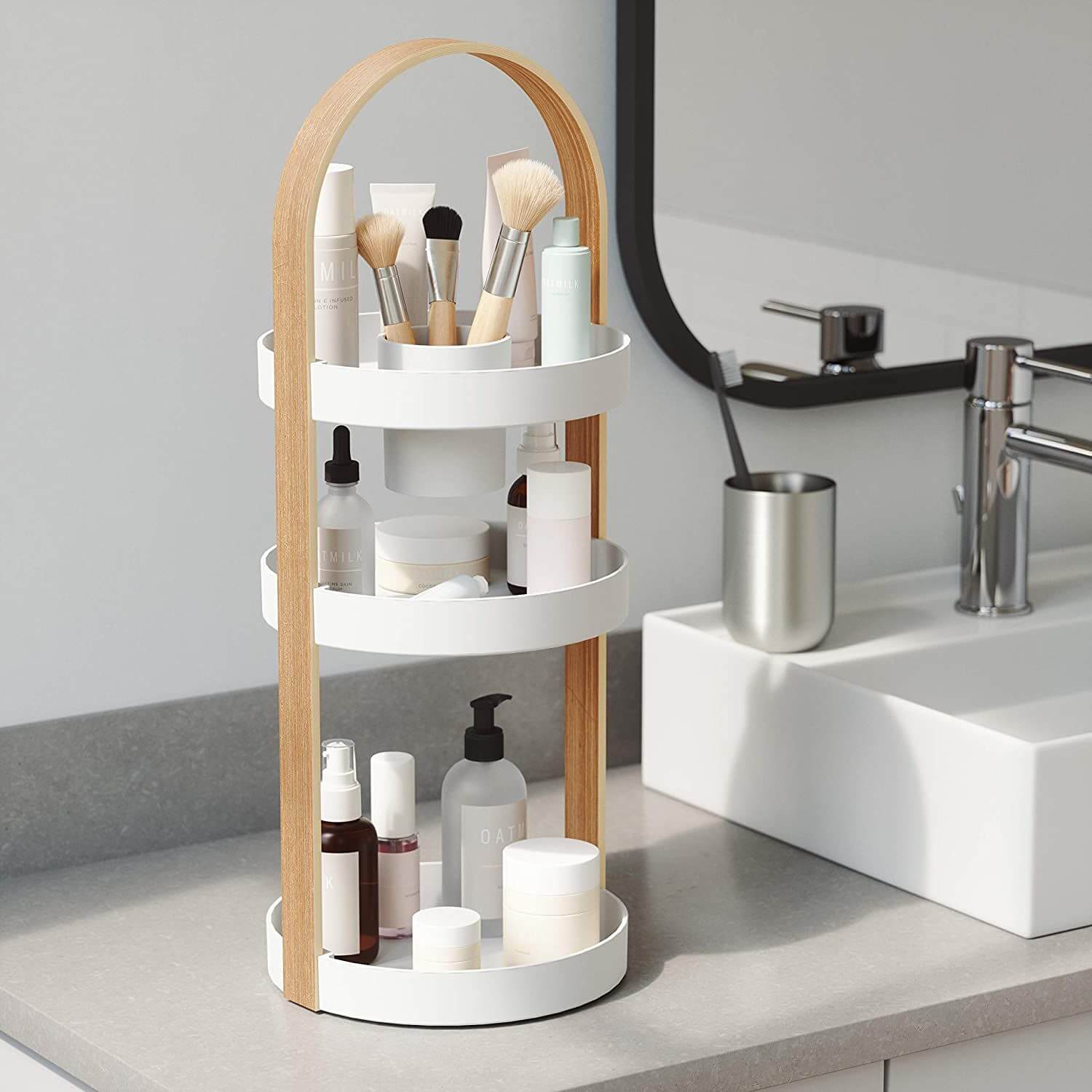 Umbra Bellwood Organiser used for makeup and skincare storage in the bathroom