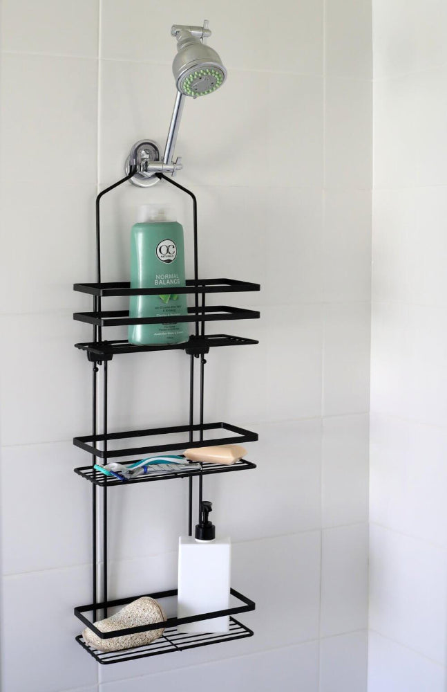 Black shwoer caddy specifically suited for fitting over the shower head