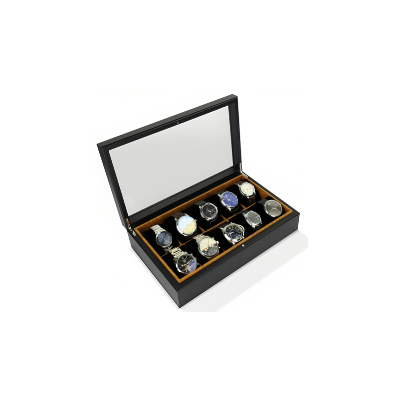 Urburn Watch Box With Glass Lid Black 10 Compartments - WARDROBE - Jewellery Storage - Soko and Co