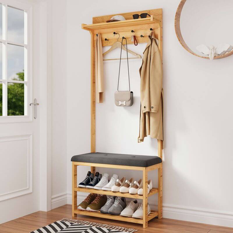 Bamboo Hall Stand with Charcoal Seat - WARDROBE - Shoe Storage - Soko and Co