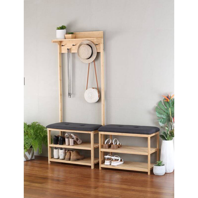 Bamboo Hall Stand with Charcoal Seat - WARDROBE - Shoe Storage - Soko and Co