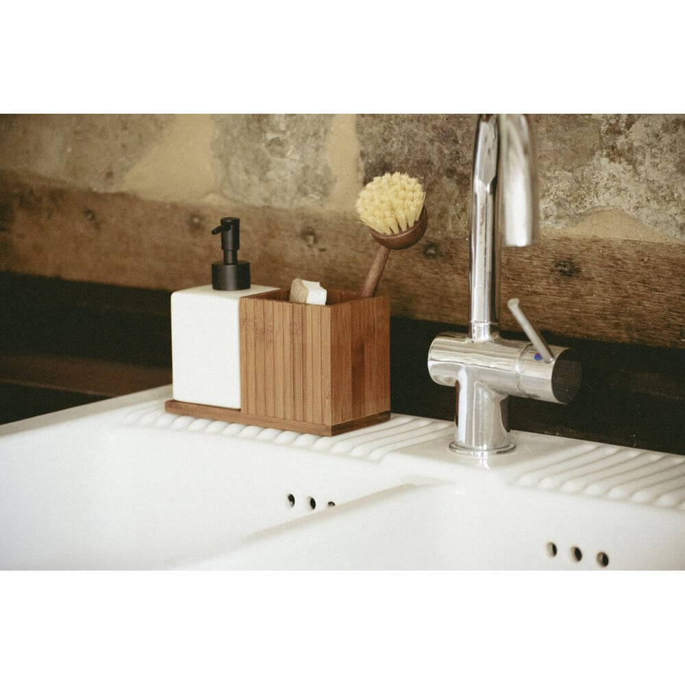 Mera Dish Soap and Brush Holder Ceramic and Bamboo - KITCHEN - Sink - Soko and Co