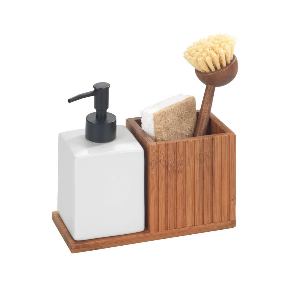 Mera Dish Soap and Brush Holder Ceramic and Bamboo - KITCHEN - Sink - Soko and Co