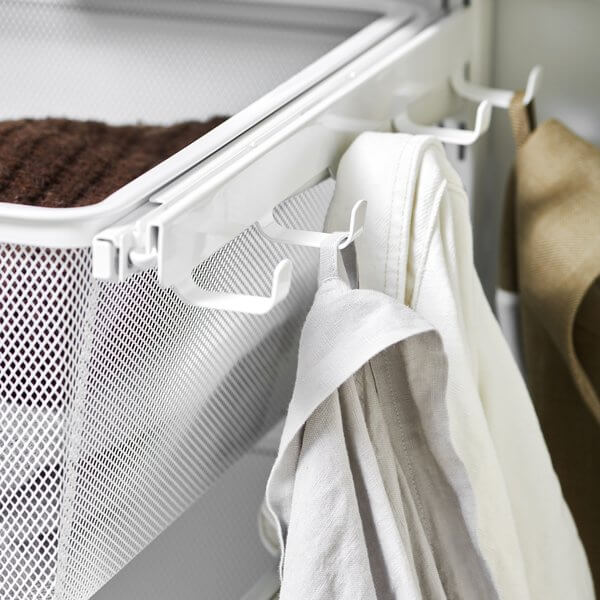 A White Elfa Bracket Hook with 5 hanging hooks for storing clothes and clothing accessories