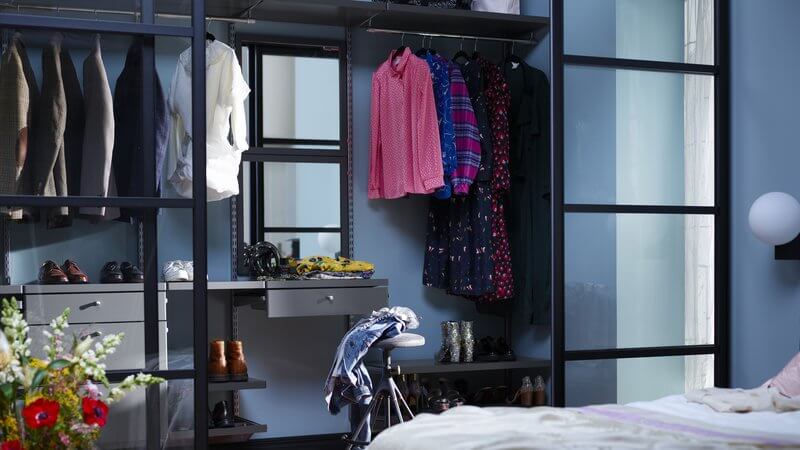 A Grey Decor Elfa Wardrobe with Elfa Decor Drawer Fronts and Click In Mirrors