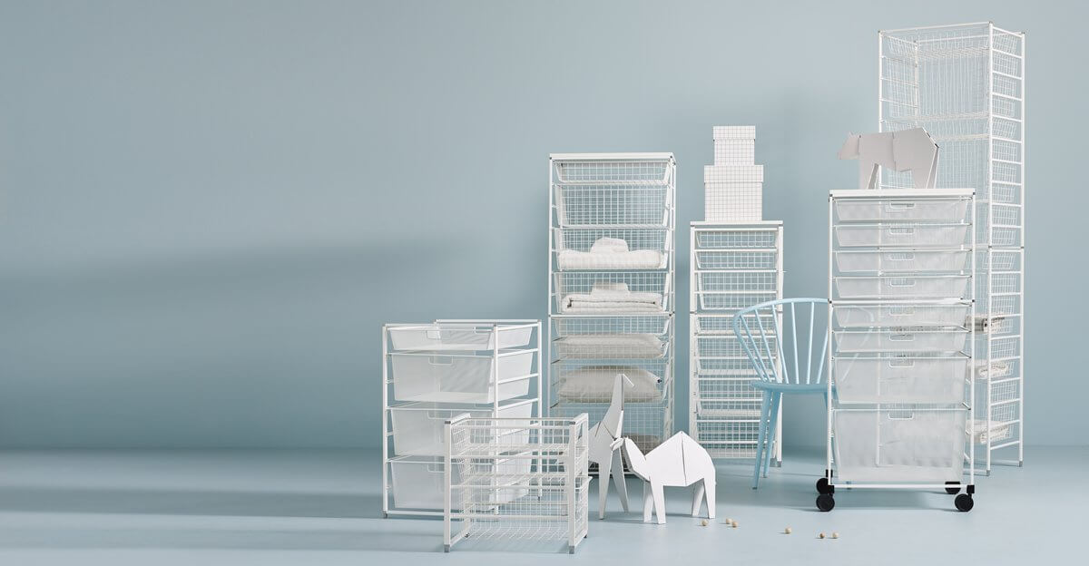 Six Elfa Freestanding Drawer Kits of different sizes, with mesh and wire storage baskets