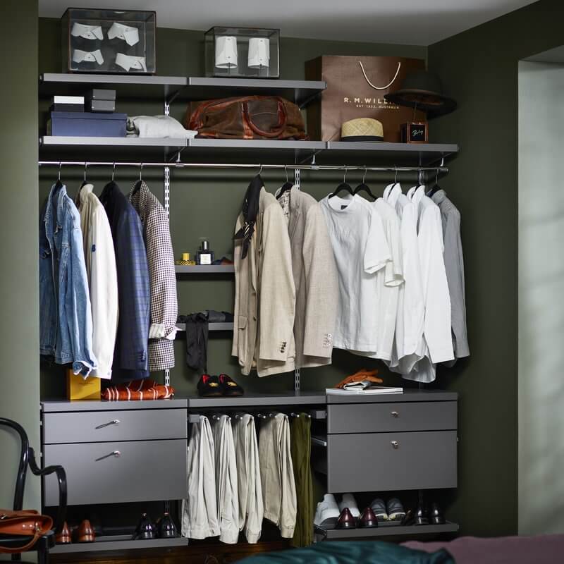 An Elfa wardrobe system with Grey Decor shelving and drawers