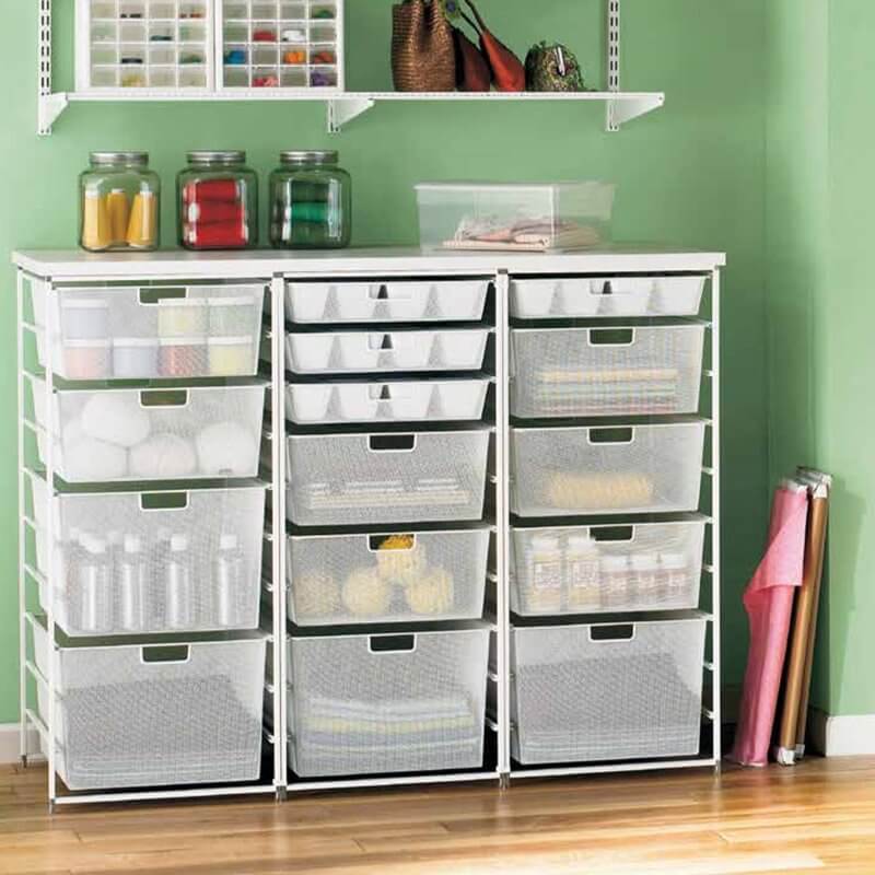 Three White Elfa Freestanding Drawer Kits with Mesh Drawers for pantry and kitchen storage