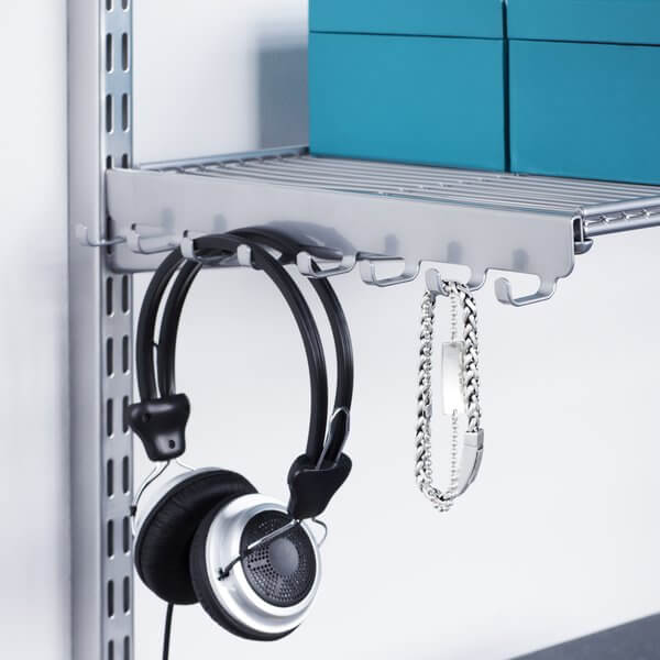 Headphones and bracelets hanging on a Platinum Elfa Bracket Hook
