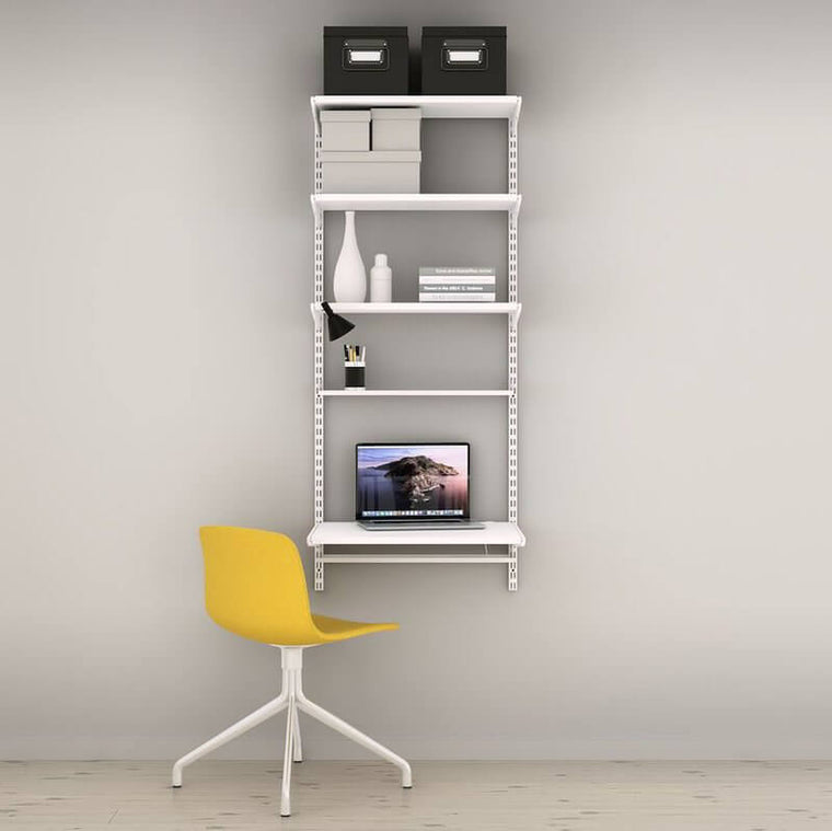 A slim White Elfa office shelving system