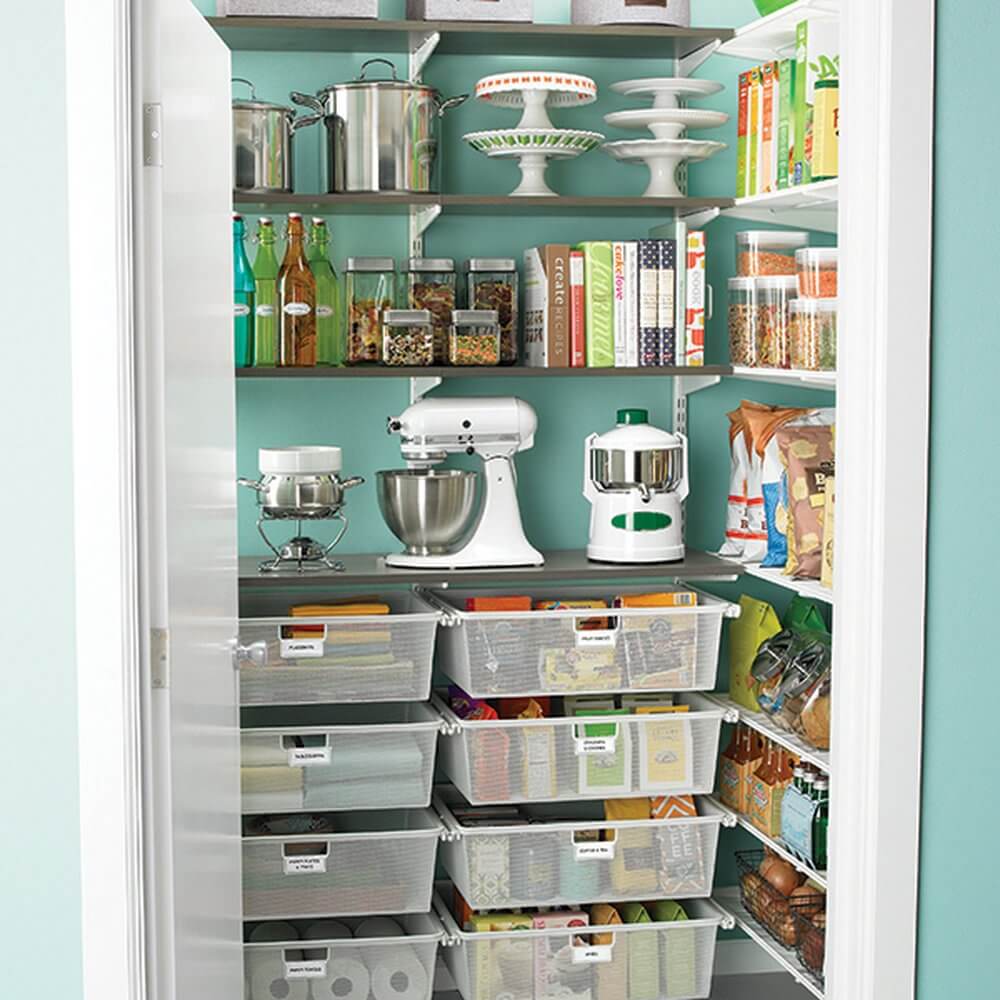 Elfa Gliding Mesh Drawers installed in a pantry, with custom melamine shelving for organising pots, pans and appliances