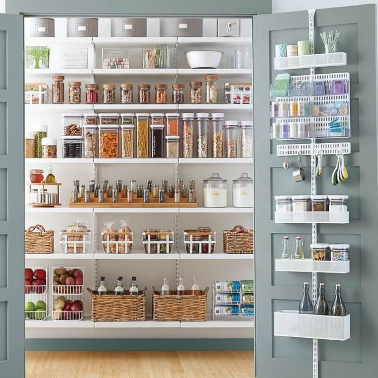 White Elfa Click In Melamine Shelves and an Elfa Utility Door & Wall Rack in a pantry for storing food and containers
