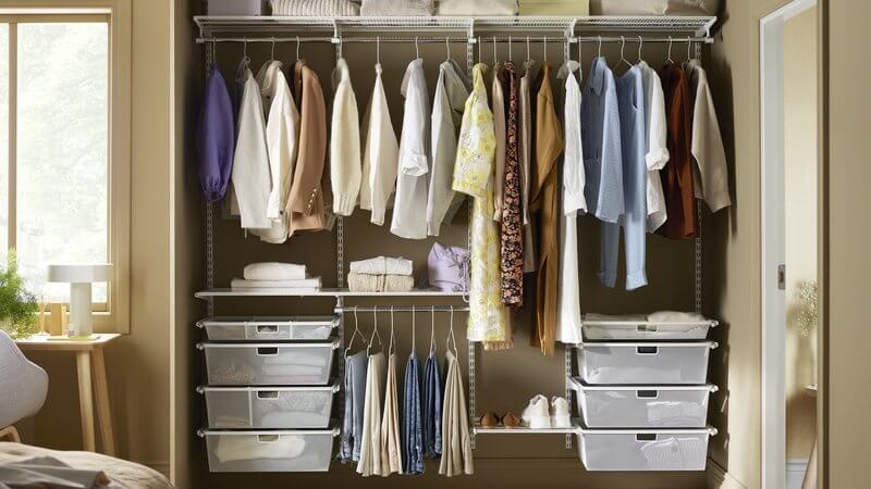Elfa Wardrobe Storage in White with Gliding Mesh Drawers and wardrobe hanging storage
