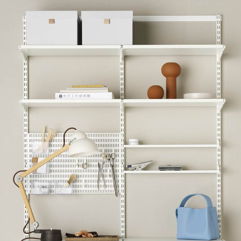 A White Elfa office storage system