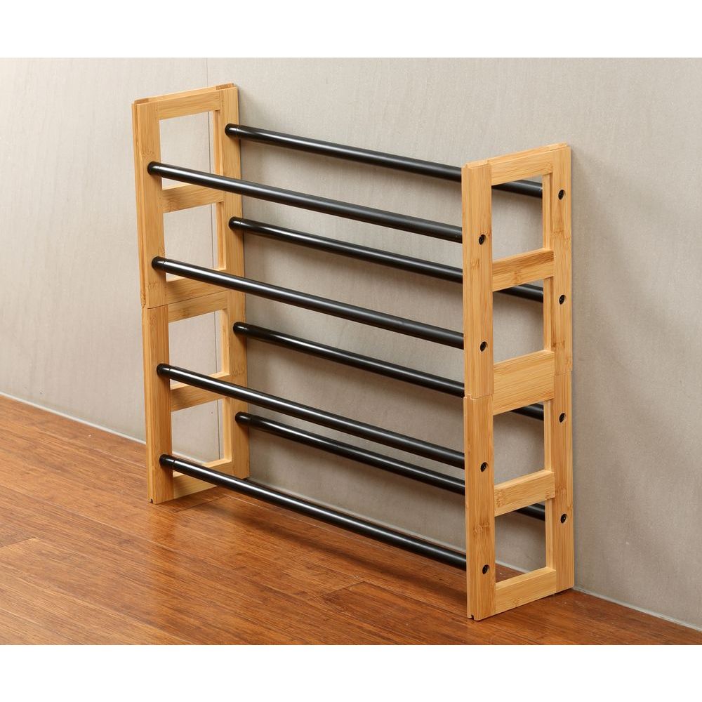 2 Tier Expandable Bamboo Shoe Rack Black Soko Co