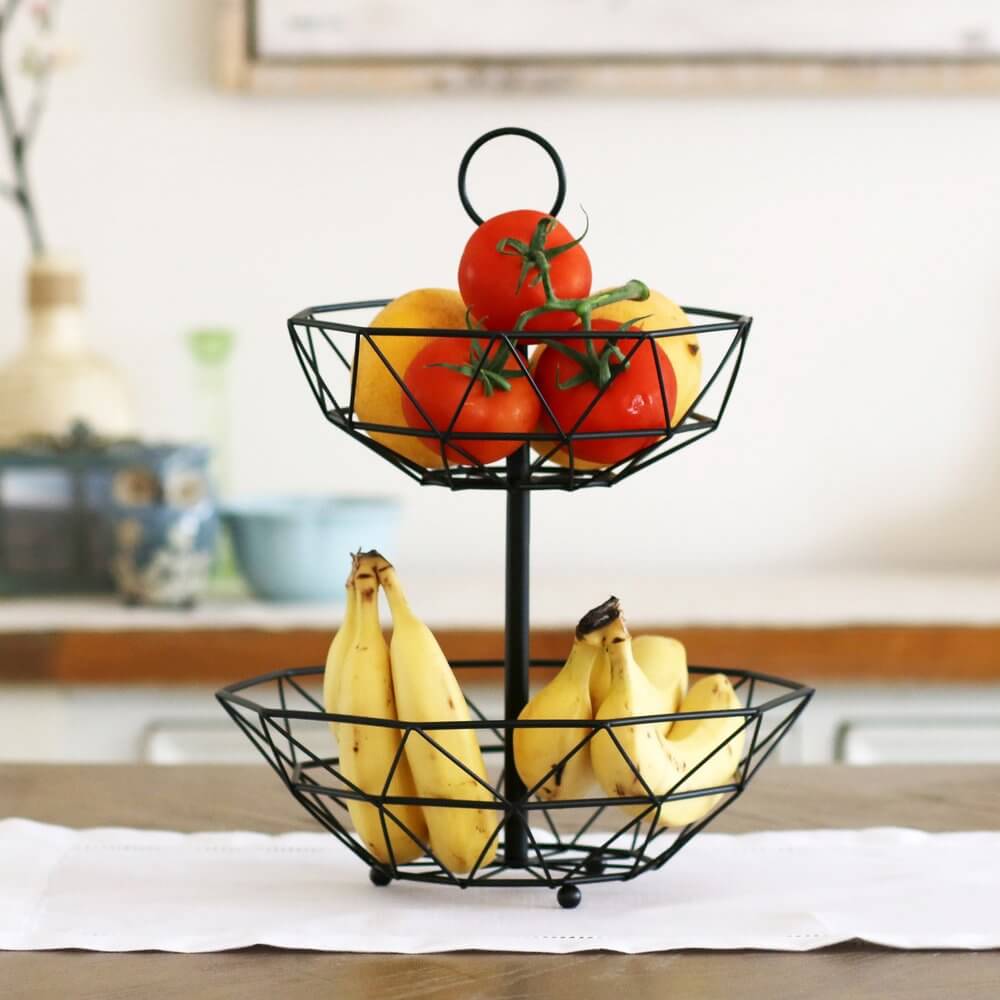 2 Tier Geometric Fruit Basket Matte Black - KITCHEN - Bench - Soko and Co