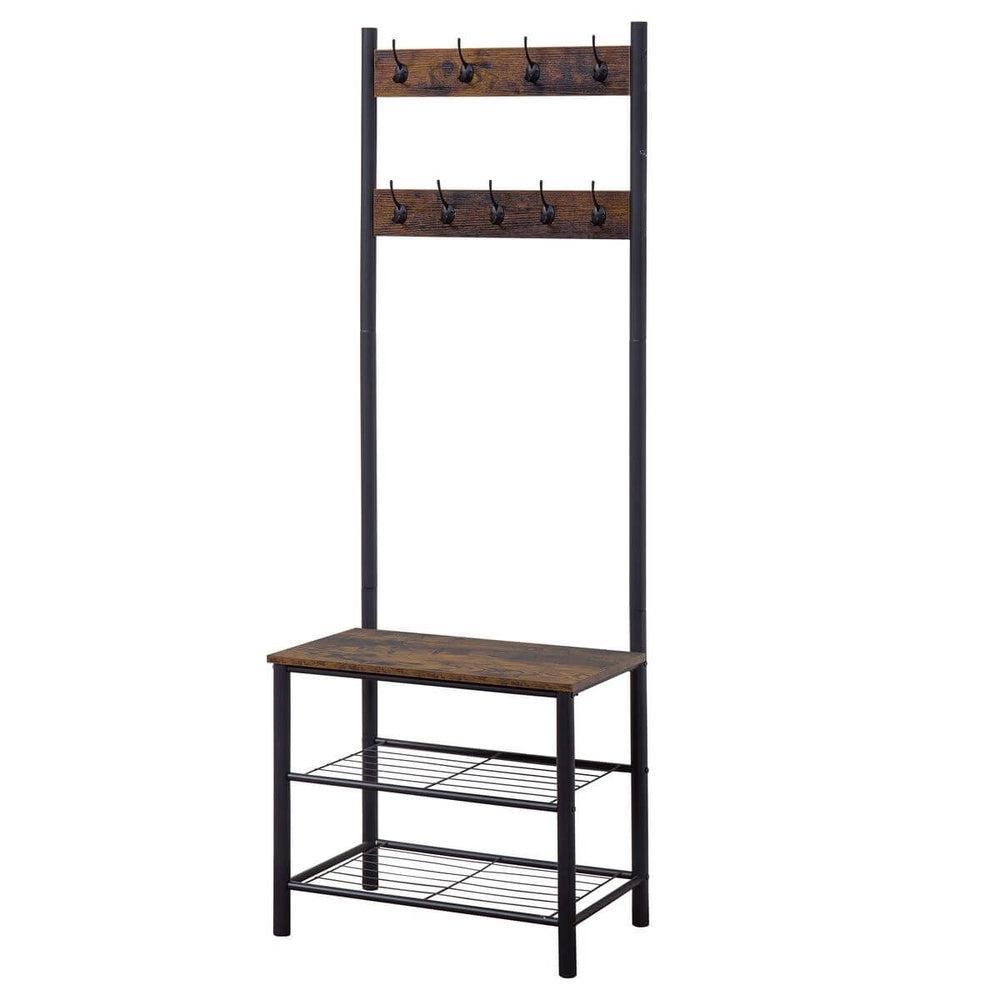 Rustic 3 Tier Hall Tree with 8 Hooks Dark Wood &amp; Matte Black - HOME STORAGE - Hat and Coat Racks - Soko and Co