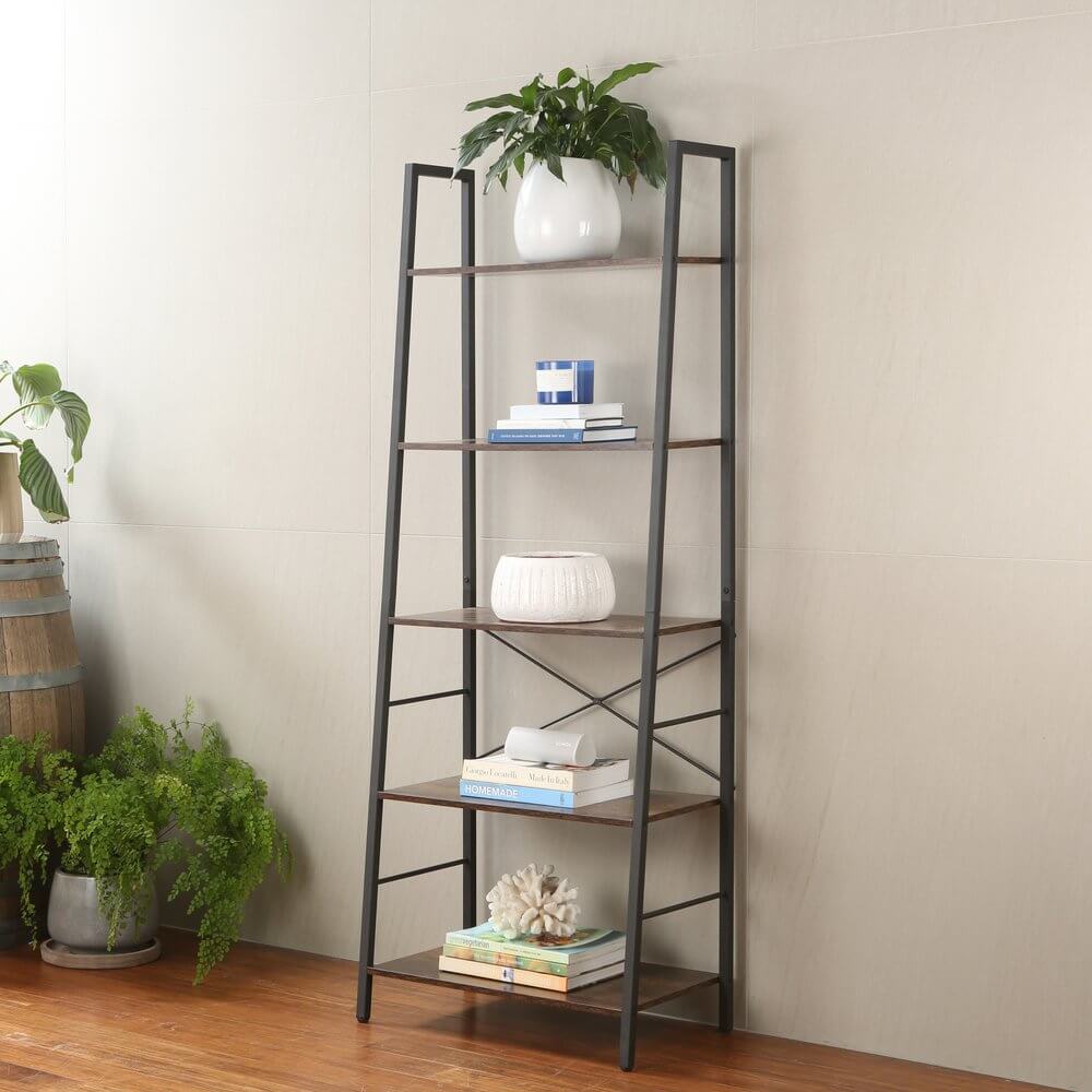 Rustic 5 Tier Shelf Unit Dark Wood &amp; Matte Black - HOME STORAGE - Shelves and Cabinets - Soko and Co