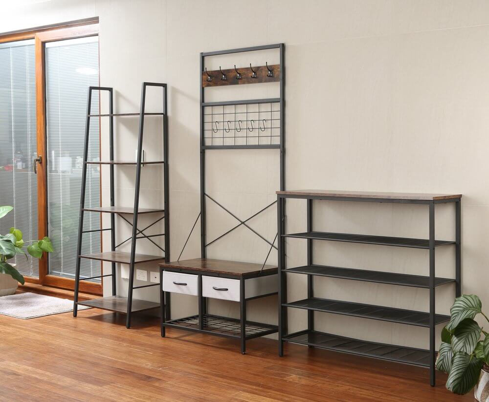 Rustic 5 Tier Shelf Unit Dark Wood &amp; Matte Black - HOME STORAGE - Shelves and Cabinets - Soko and Co