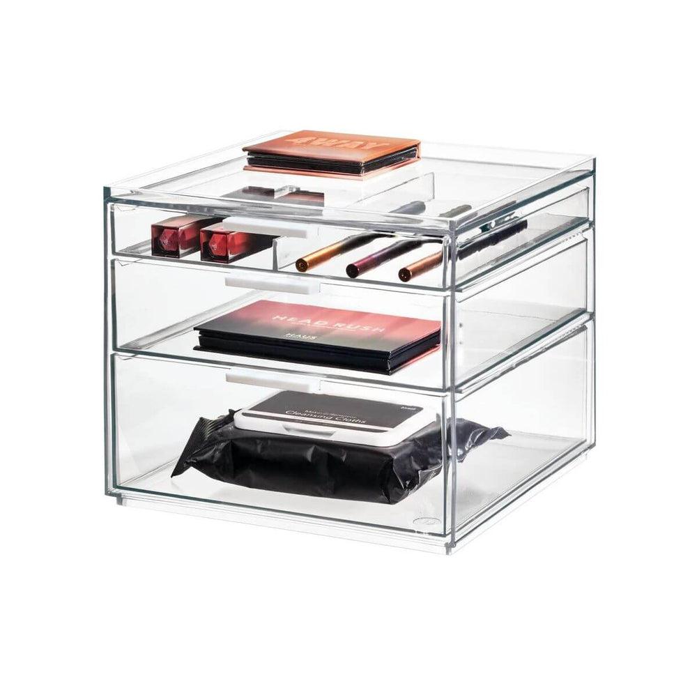 Sarah Tanno by iDesign 3 Drawer Square Makeup Organiser Clear - BATHROOM - Makeup Storage - Soko and Co