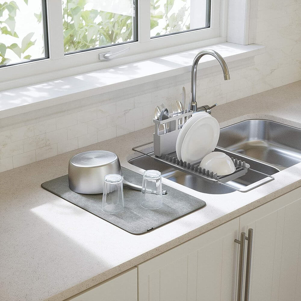 Umbra Udry Over Sink Dish Rack &amp; Microfibre Drying Mat Grey - KITCHEN - Dish Racks and Mats - Soko and Co