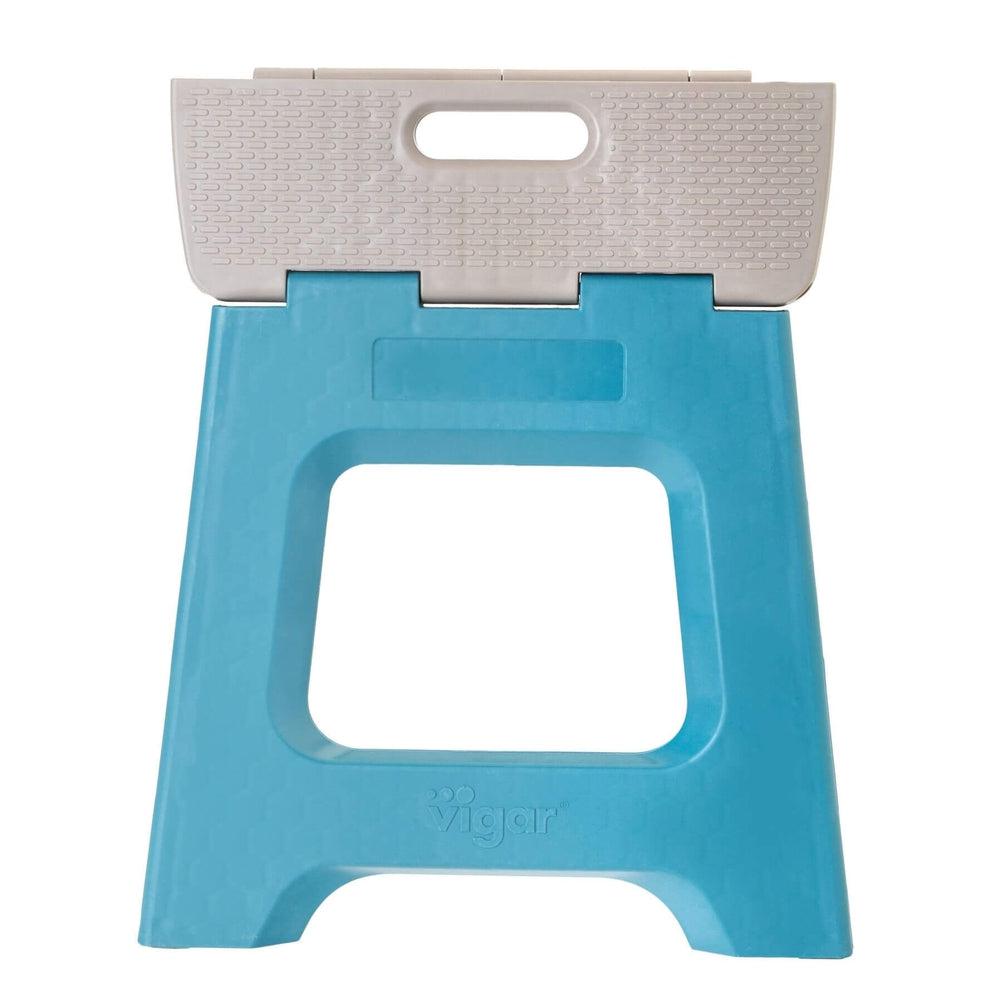 Vigar 32cm Compact Folding Step Stool Grey &amp; Blue Print - LAUNDRY - Ladders - Soko and Co