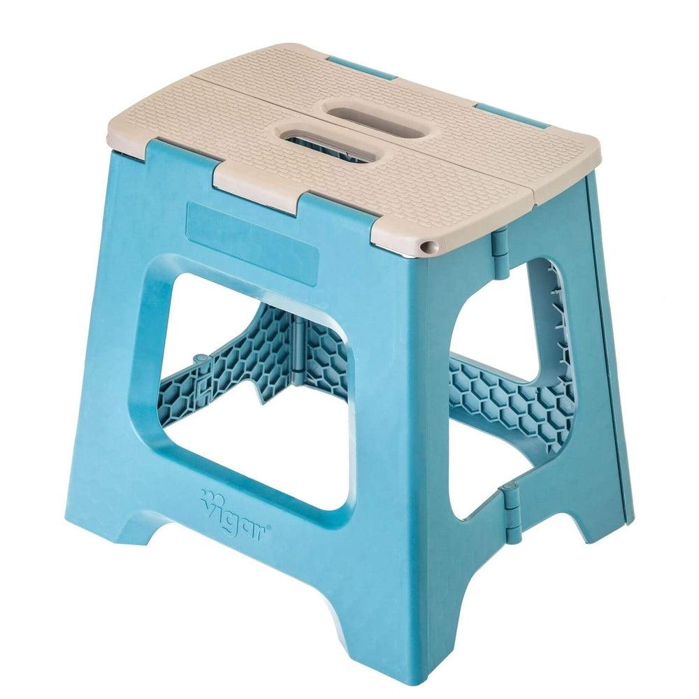 Vigar 32cm Compact Folding Step Stool Grey & Blue Print - LAUNDRY - Ladders - Soko and Co